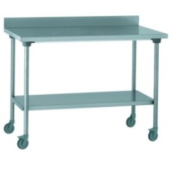 Table inox TOURNUS 1000x700 sur roulettes avec étagère adossée